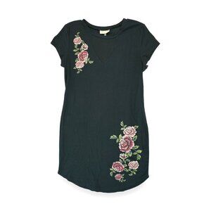 Bobbie Brooks T-Shirt Black Floral Print Dress Knee Lenght Casual Stretch Size L